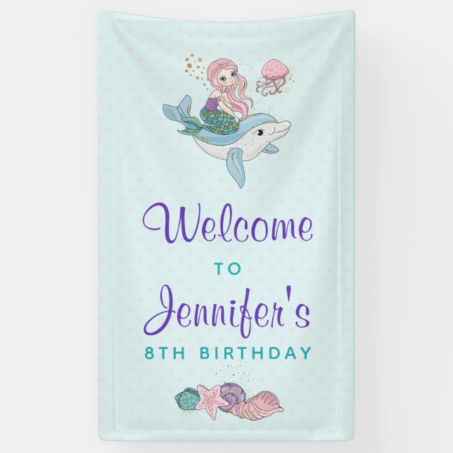 Mermaid Riding a Dolphin Under the Sea Birthday Banner (Vertical)