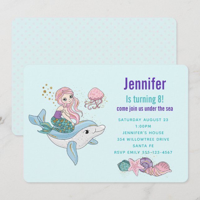 Mermaid Riding a Dolphin Under the Sea Birthday Invitation (Front/Back)