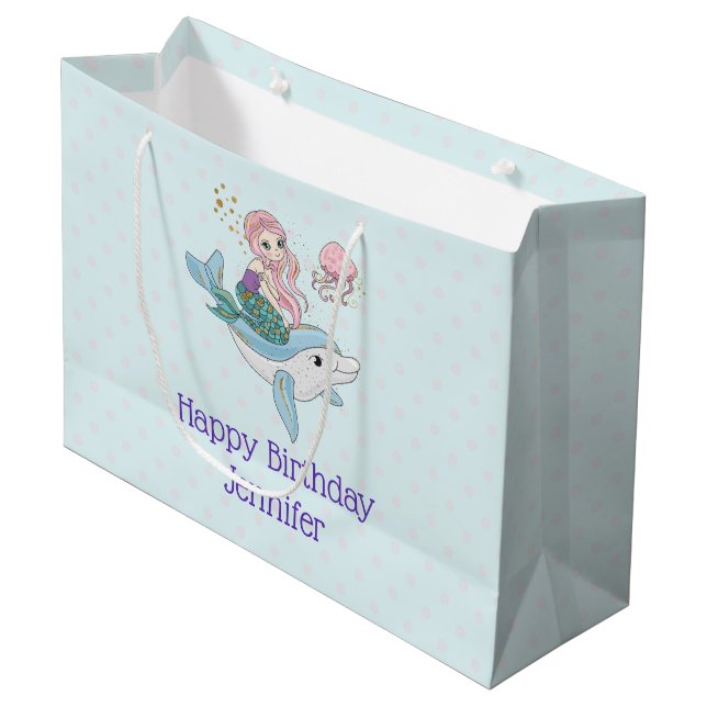 Mermaid Riding a Dolphin Under the Sea Birthday Large Gift Bag (Front Angled)