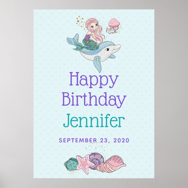 Mermaid Riding a Dolphin Under the Sea Birthday Poster (Front)