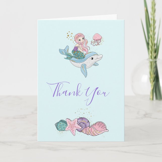 Mermaid Riding a Dolphin Under the Sea Thank You Card (Front)