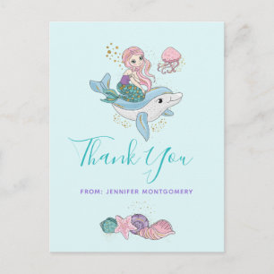Mermaid Riding a Dolphin Under the Sea Thank You Postcard