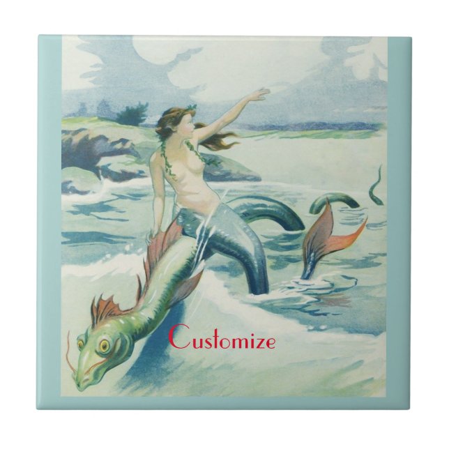 Mermaid Riding Sea Serpent Thunder_Cove  Ceramic Tile (Front)