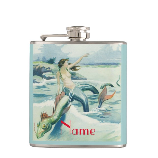 Mermaid Riding Sea Serpent Thunder_Cove  Hip Flask (Front)