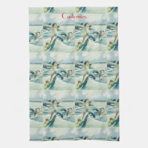 Mermaid Riding Sea Serpent Thunder_Cove  Tea Towel