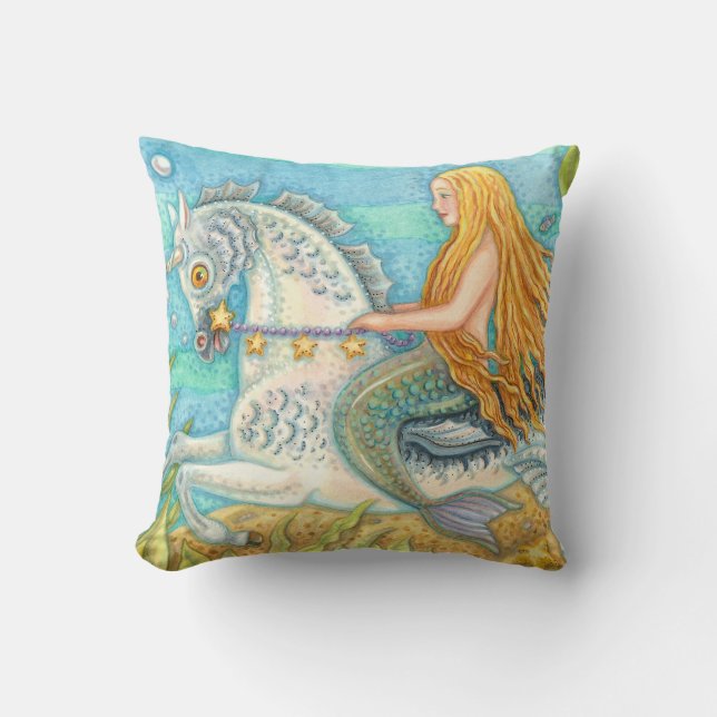 Mermaid Riding Seahorse Merhorse Unicorn PILLOW (Front)