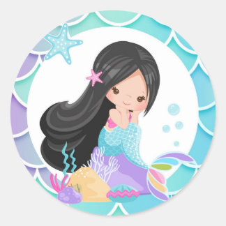 Mermaid round stickers Black hair