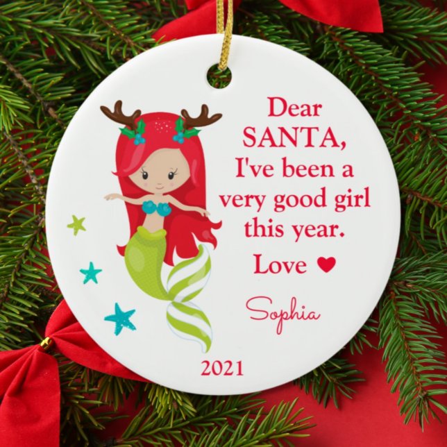 Mermaid Santa I've Been Good Girl Photo Christmas Ceramic Ornament (Creator Uploaded)