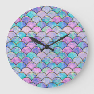 Mermaid Scale Japanese Watercolor Pattern Large Clock