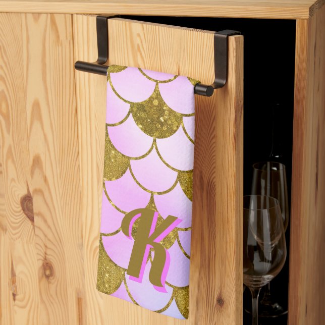 Mermaid Scale Pattern Purple Gold Glitter Initial Tea Towel (Thirds Fold)