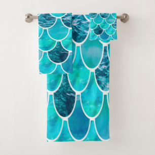 Mermaid scale pattern turquoise mint green blue bath towel set