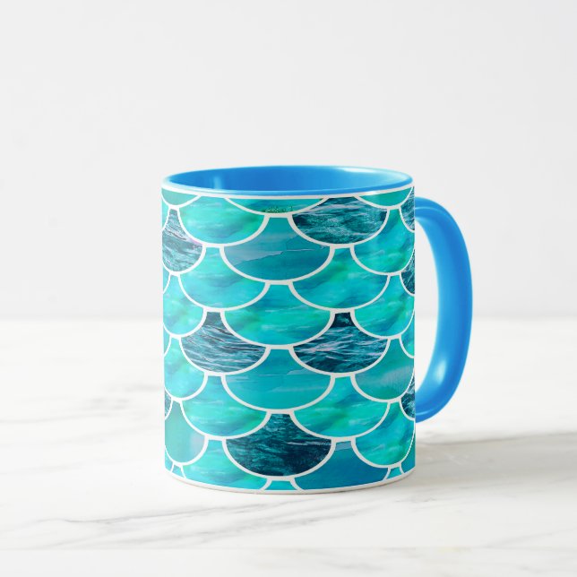 Mermaid scale pattern turquoise mint green blue mug (Front Right)