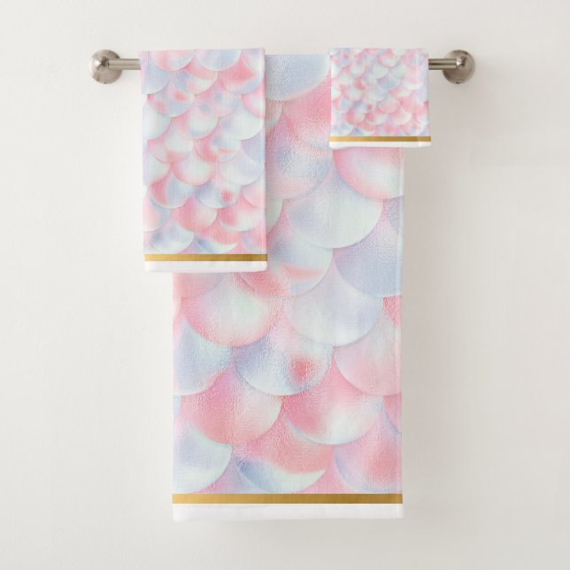 MERMAID SCALE PINK BLUE GOLD BATHROOM TOWEL SET (Insitu)