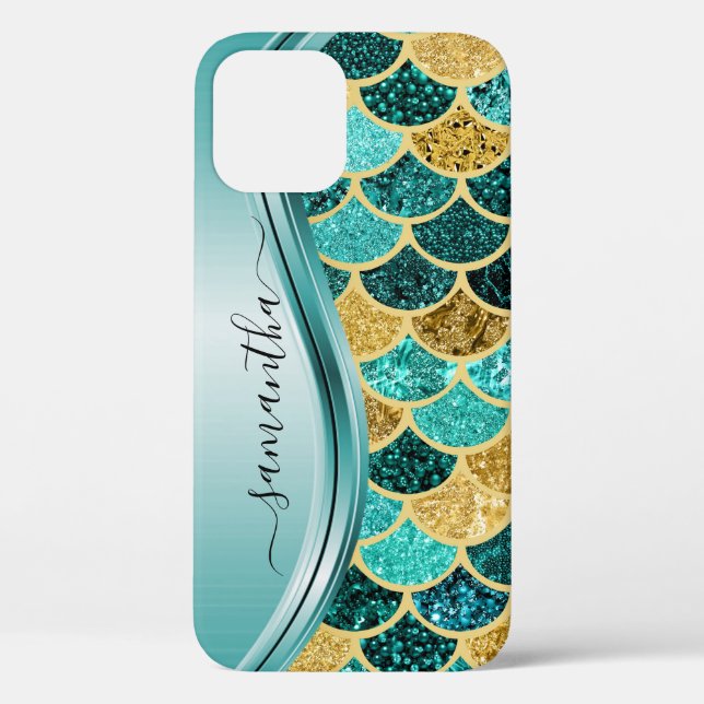 Mermaid Scales Aqua Handwritten Name Gold Case-Mate iPhone Case (Back)