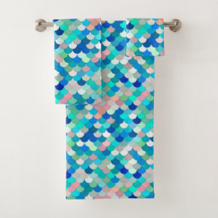 Mermaid Scales, Aqua, Shell Pink, and Cobalt  Bath Towel Set