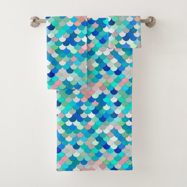 Mermaid Scales, Aqua, Shell Pink, and Cobalt  Bath Towel Set (Insitu)