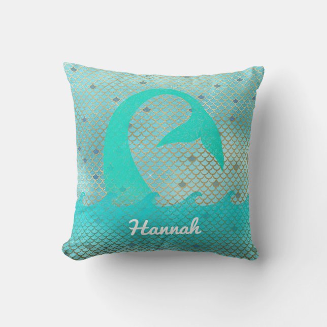 Mermaid Scales Aqua Teal Gold Custom Name Nautical Cushion (Front)