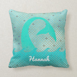 Mermaid Scales Aqua Teal Gold Custom Name Nautical Cushion