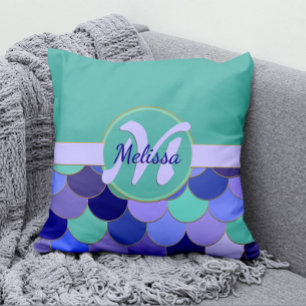 Mermaid Scales Aqua Teal & Purple Monogram Name Cushion