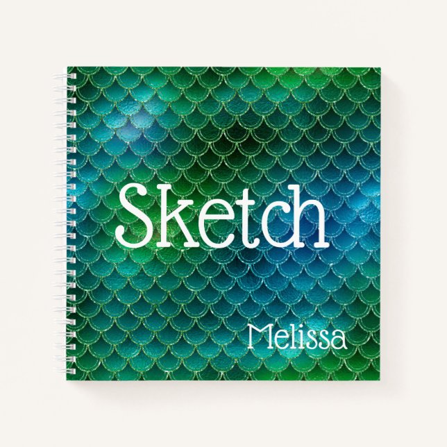 Mermaid Scales Blue Green Glitter Name Sketchbook  Notebook (Front)