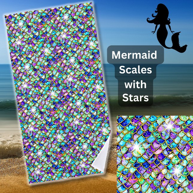 Mermaid Scales Blue Green Purple Gold with Stars Beach Towel (Creator Uploaded)