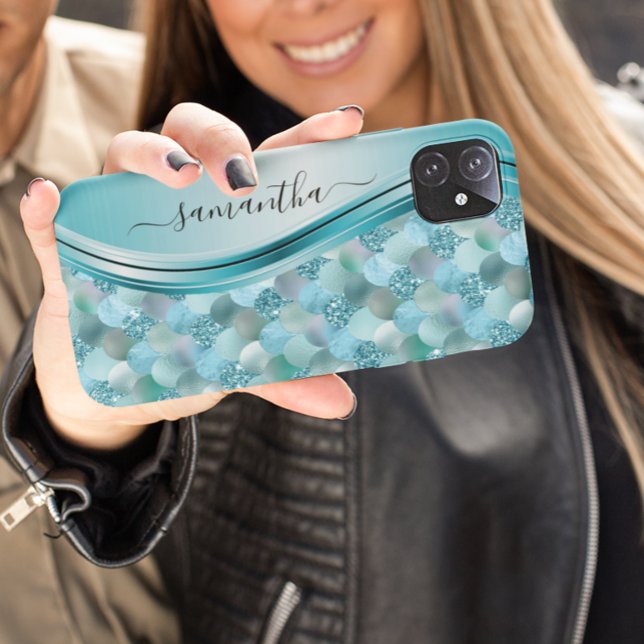 Mermaid Scales Blue Handwritten Name Metal Case-Mate iPhone Case (Creator Uploaded)