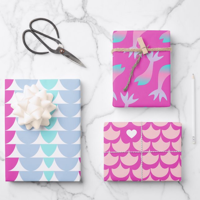 Mermaid Scales Colourful Rainbow Pink Heart Wrapping Paper Sheet (Front)