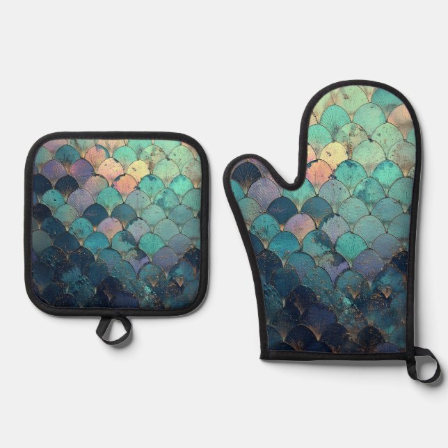 Mermaid Scales Design Oven Mitt & Pot Holder Set (Front)