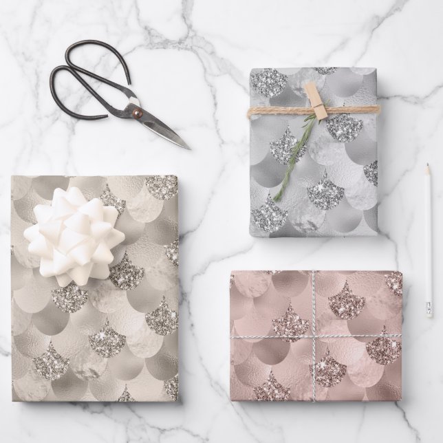 Mermaid Scales | Elegant Faux Metallic Foils Wrapping Paper Sheet (Front)