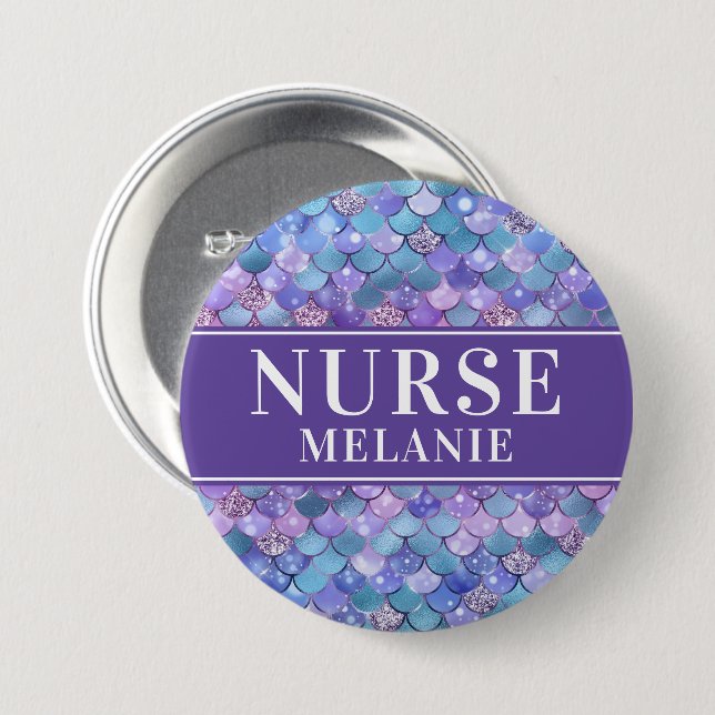 Mermaid Scales Glitter Nurse Name Button Badge (Front & Back)