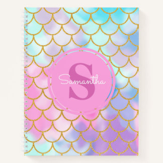 Mermaid Scales Gold Glitter Pattern Pink Monogram Notebook