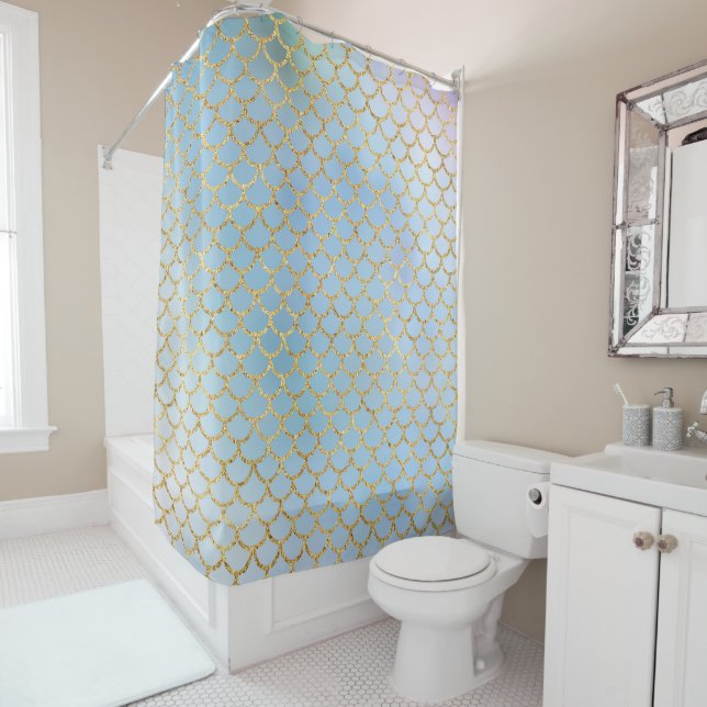 Mermaid scales gold ice blue shower curtain (In Situ)