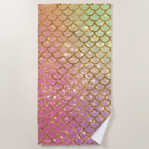 Mermaid scales gold pink green beach towel