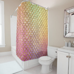 Mermaid scales gold pink green shower curtain