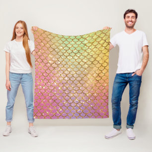 Mermaid scales gold pink purple green fleece blanket