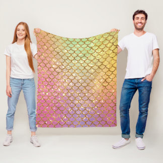 Mermaid scales gold pink purple green fleece blanket