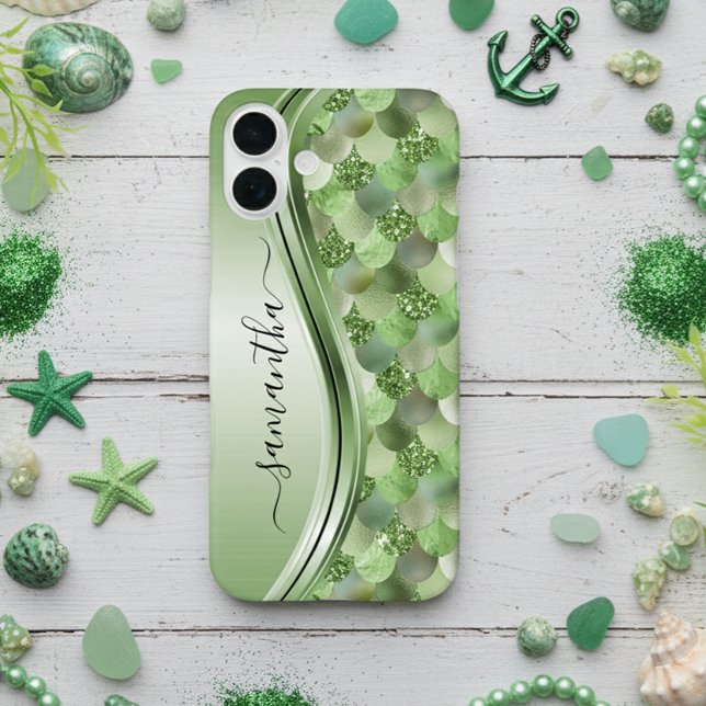 Mermaid Scales Green Handwritten Name Metal Case-Mate iPhone Case (Creator Uploaded)