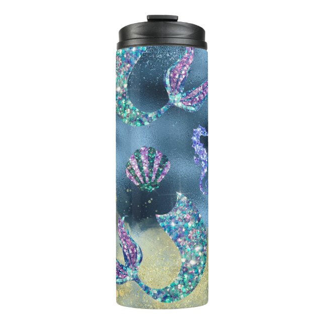 Mermaid Scales in Blue with Sea Horses Thermal Tumbler (Front)