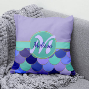 Mermaid Scales Lavender & Aqua Teal Monogram Name Cushion