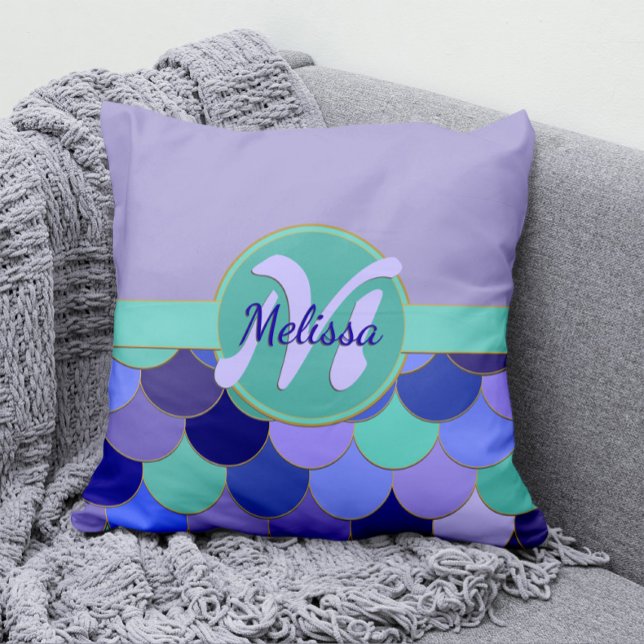 Mermaid Scales Lavender & Aqua Teal Monogram Name Cushion (Creator Uploaded)