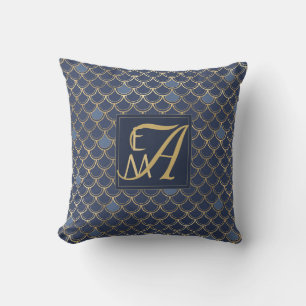 Mermaid Scales Monogram Navy Blue Gold Home Decor Cushion