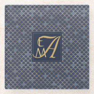 Mermaid Scales Monogram Navy Blue Gold Home Decor Glass Coaster