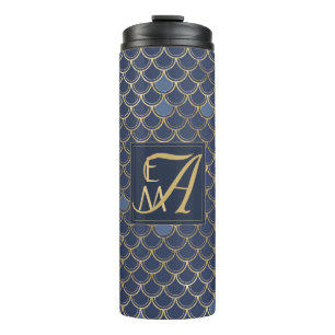 Mermaid Scales Monogram Navy Blue Gold Home Decor Thermal Tumbler