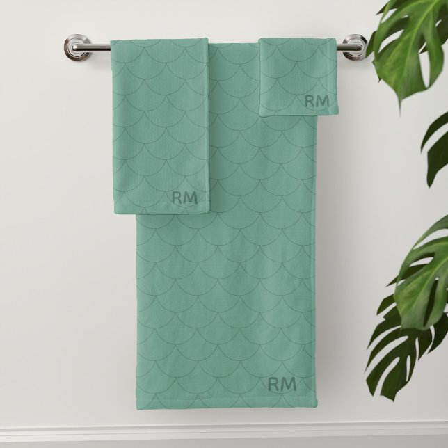 Mermaid Scales Monogram Sea Green Bath Towels (Sea green mermaid scales pattern bath towel set with your initials)
