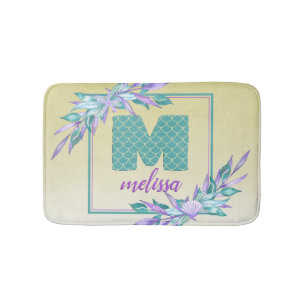 #Mermaid Scales #Monogram Watercolor Ombre Floral Bath Mat