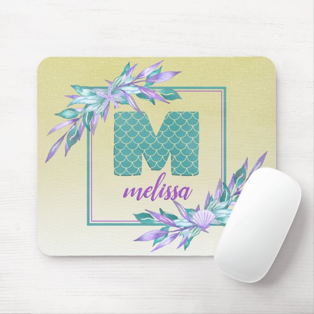 Mermaid Scales Monogram | Watercolor Ombre Floral Mouse Pad (With Mouse)