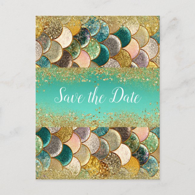 Mermaid Scales Multi Colour Glam Chic Save the Dat Announcement Postcard (Front)