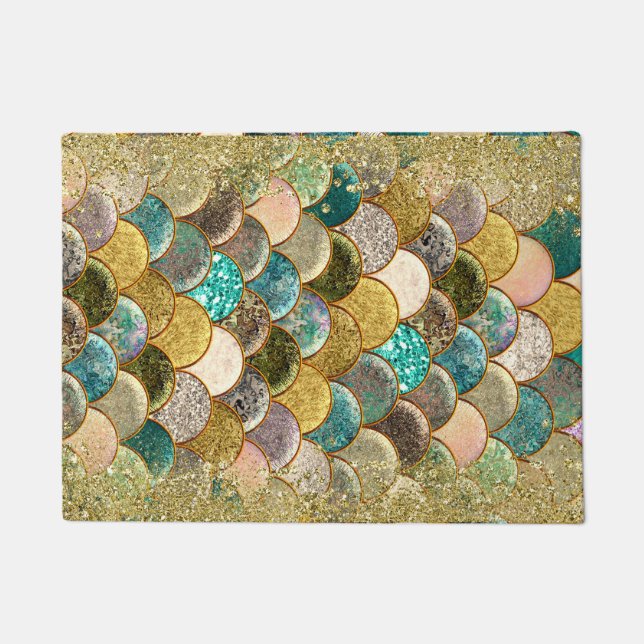 Mermaid Scales Multi Colour Glitter Glam Trendy Doormat (Front)