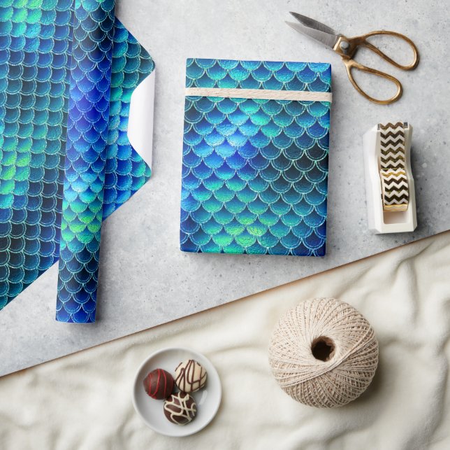 Mermaid Scales Pattern Blue ID600 Wrapping Paper (Crafts)