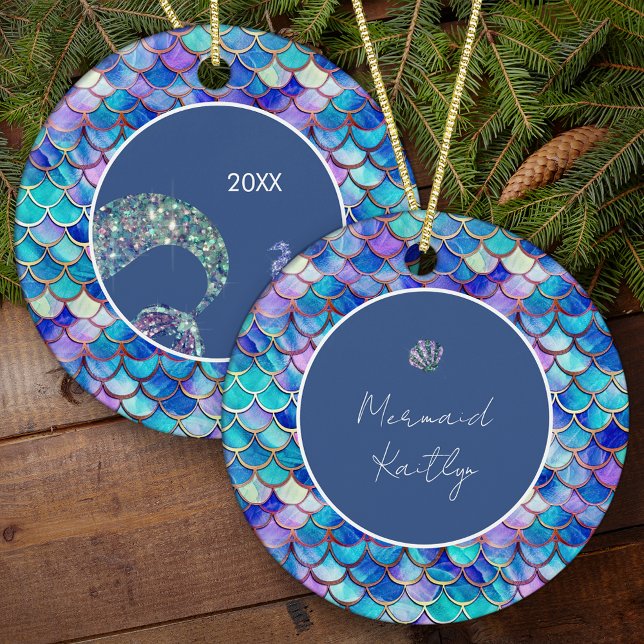 Mermaid Scales Pattern Girls Name Christmas Ceramic Ornament (Creator Uploaded)